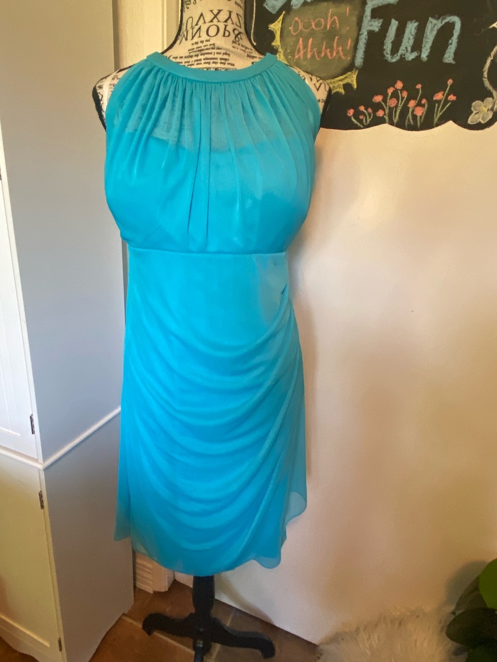 David's Bridal Teal Halter Chiffon Midi Dress